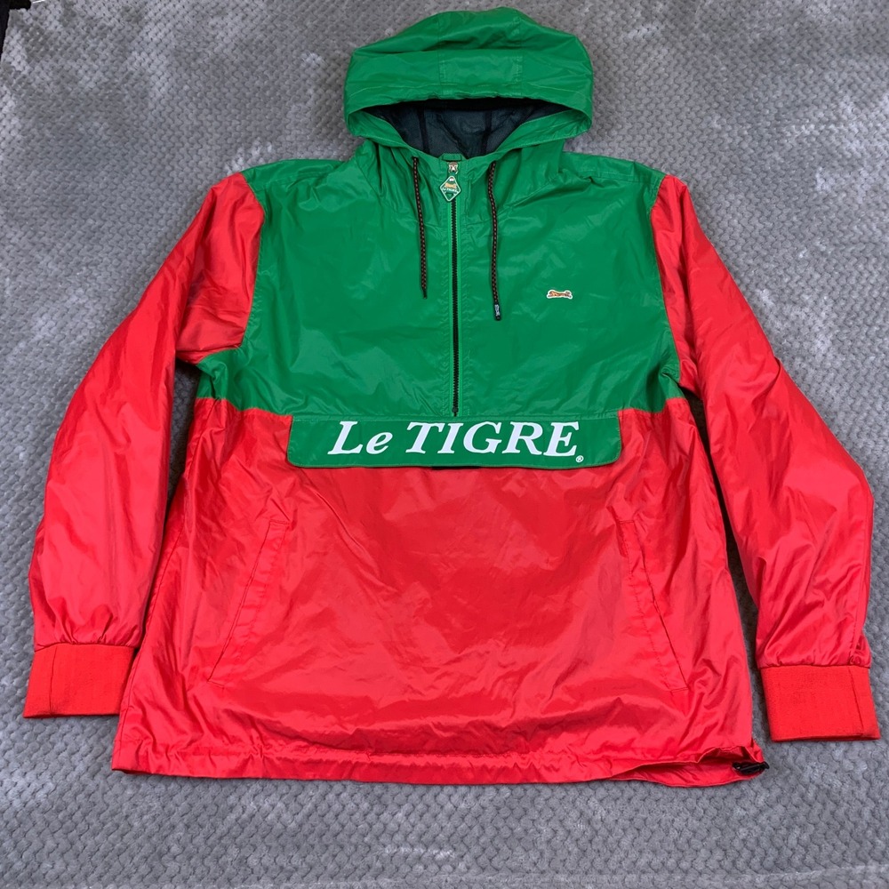 Le Tigre Mens XL Colorblock Anorak Jacket Green Red 1/4 Zip Logo Windbreaker
